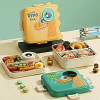 Stainless Steel Cartoon Print Bento Box for Kids - 3-Compartment Design with Double Layer