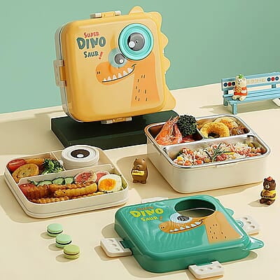 Stainless Steel Cartoon Print Bento Box for Kids - 3-Compartment Design with Double Layer