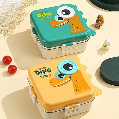 Stainless Steel Cartoon Print Bento Box for Kids - 3-Compartment Design with Double Layer