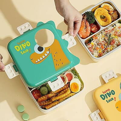 Stainless Steel Cartoon Print Bento Box for Kids - 3-Compartment Design with Double Layer