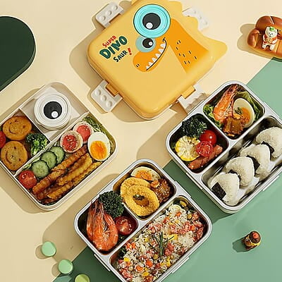 Stainless Steel Cartoon Print Bento Box for Kids - 3-Compartment Design with Double Layer